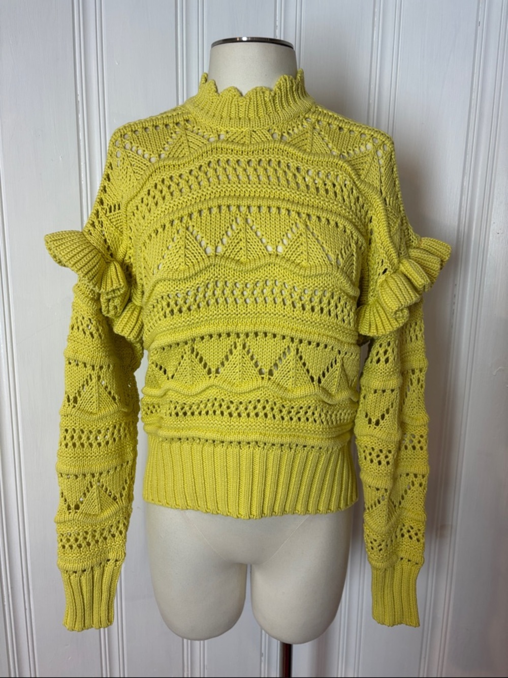 NWT JOIE Hockley Canary Yellow Open Knit Chunky Ruffle Sweater | Size Small